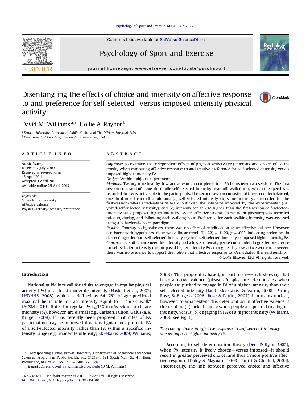 Disentangling the effects of choice and intensity on affective response to and preference for self-selected- versus imposed-intensity physical activity