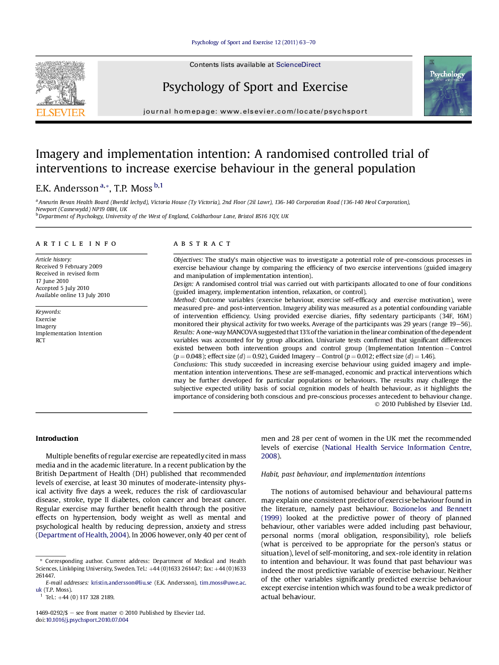 Imagery and implementation intention: A randomised controlled trial of interventions to increase exercise behaviour in the general population