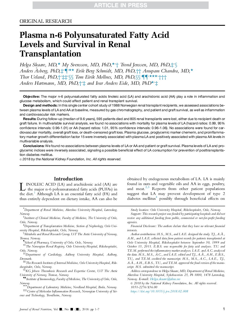 Plasma n-6 Polyunsaturated Fatty Acid Levels and Survival in Renal Transplantation