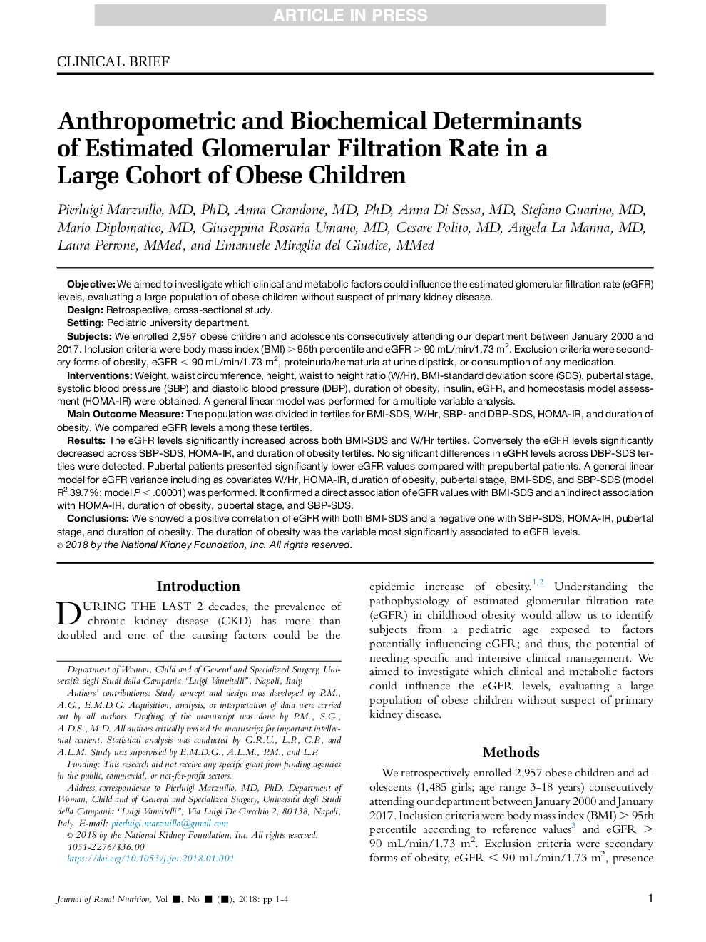 Anthropometric and Biochemical Determinants of Estimated Glomerular Filtration Rate in a Large Cohort of Obese Children