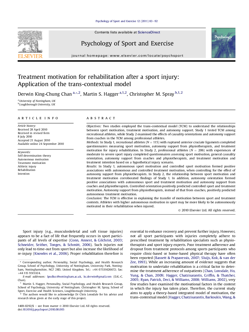 Treatment motivation for rehabilitation after a sport injury: Application of the trans-contextual model