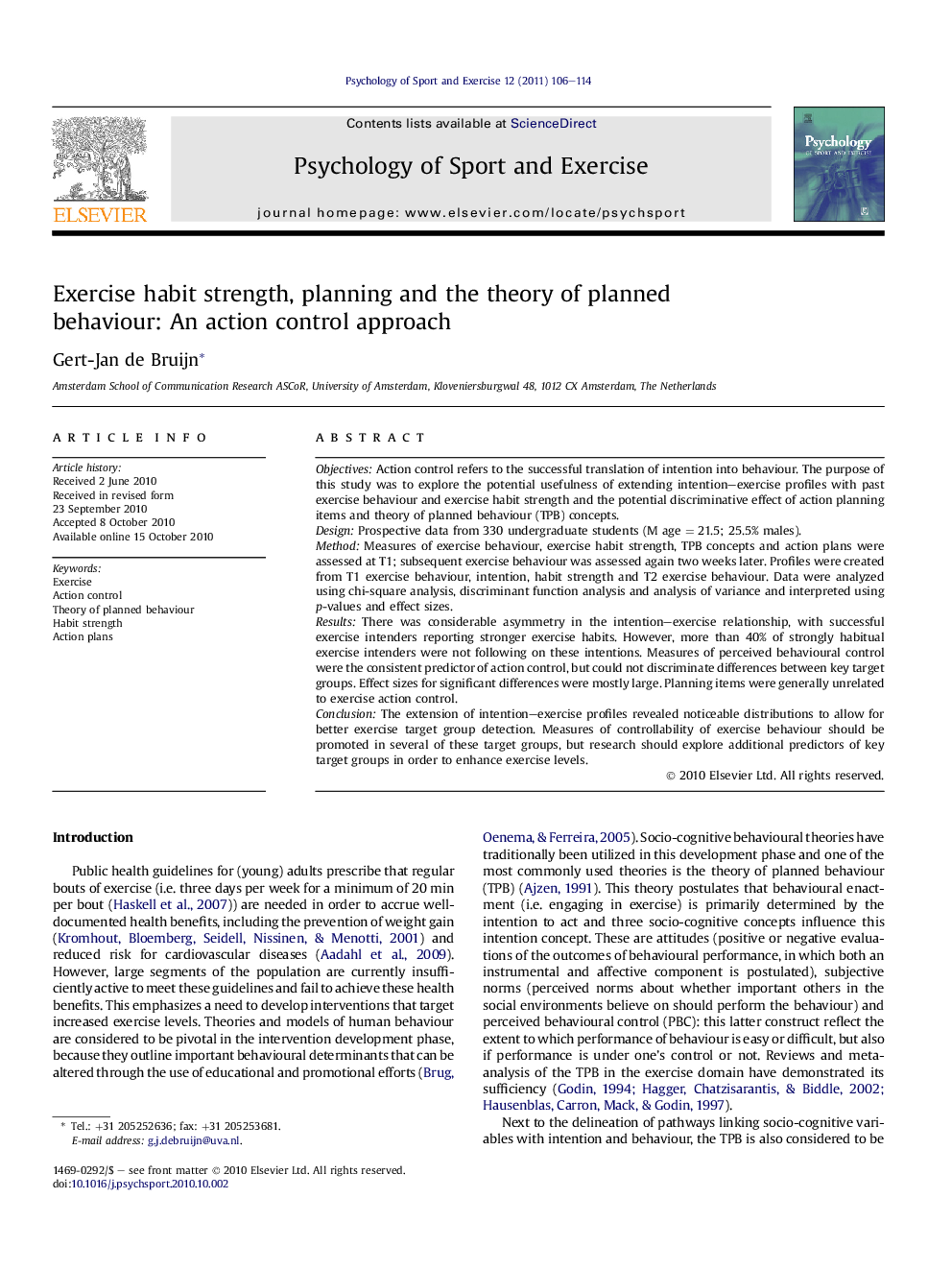 Exercise habit strength, planning and the theory of planned behaviour: An action control approach