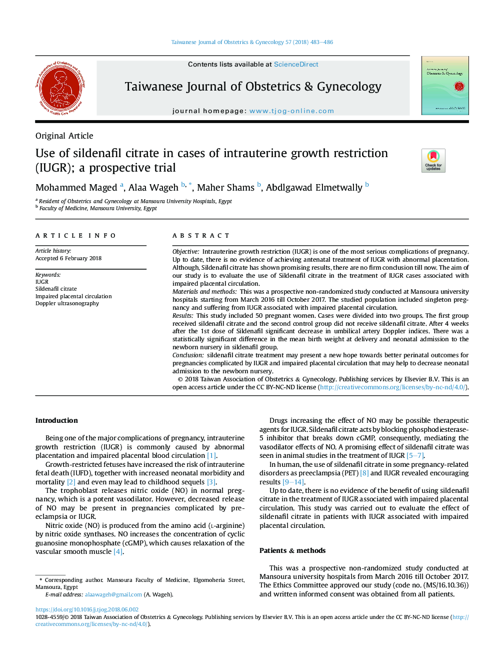 Use of sildenafil citrate in cases of intrauterine growth restriction (IUGR); a prospective trial