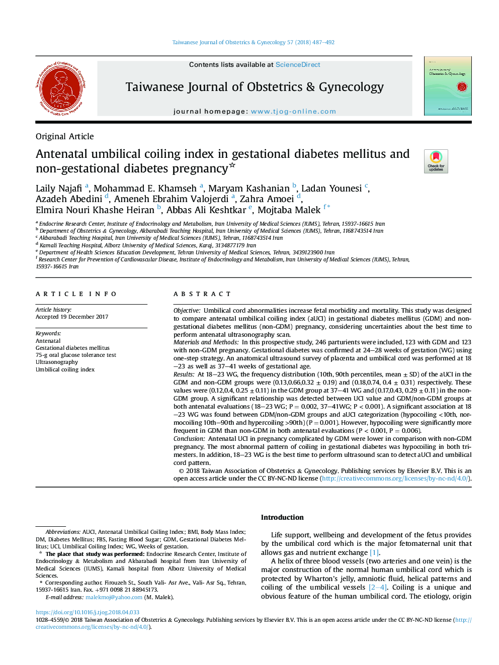 Antenatal umbilical coiling index in gestational diabetes mellitus and non-gestational diabetes pregnancy