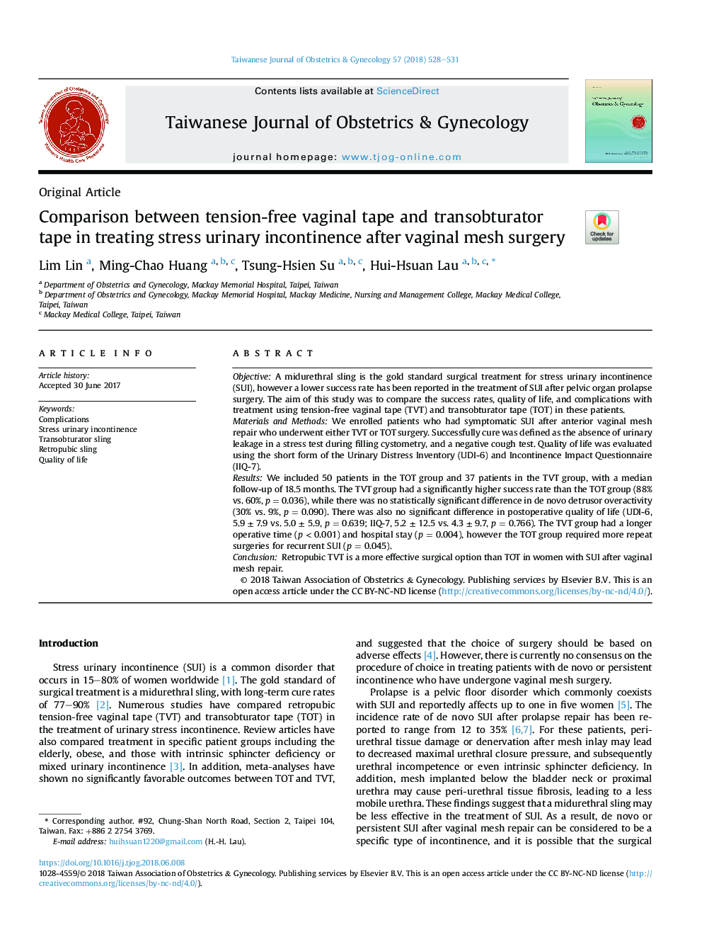 Comparison between tension-free vaginal tape and transobturator tape in treating stress urinary incontinence after vaginal mesh surgery