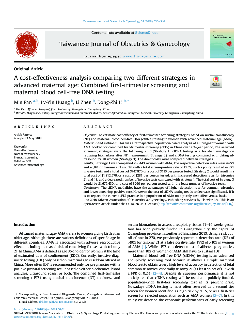 A cost-effectiveness analysis comparing two different strategies in advanced maternal age: Combined first-trimester screening and maternal blood cell-free DNA testing