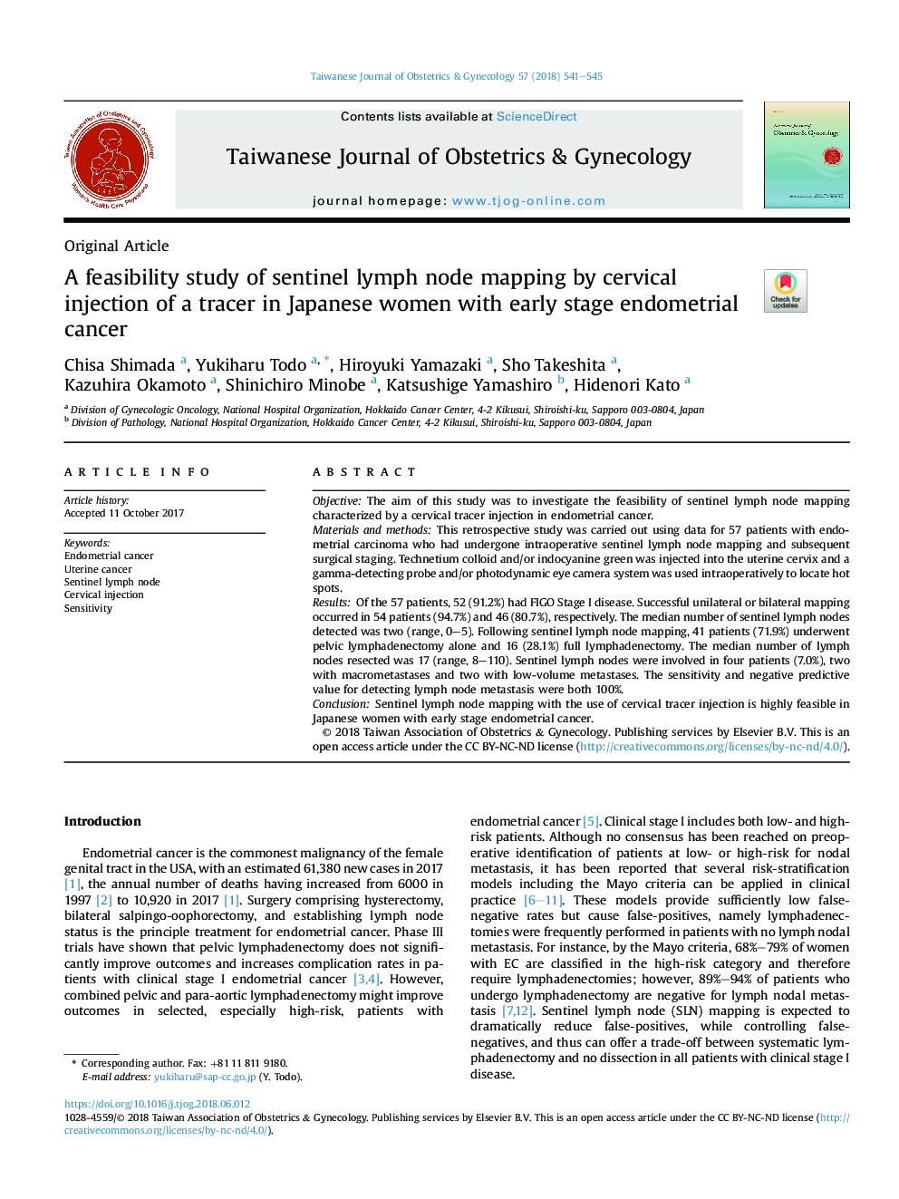 A feasibility study of sentinel lymph node mapping by cervical injection of a tracer in Japanese women with early stage endometrial cancer