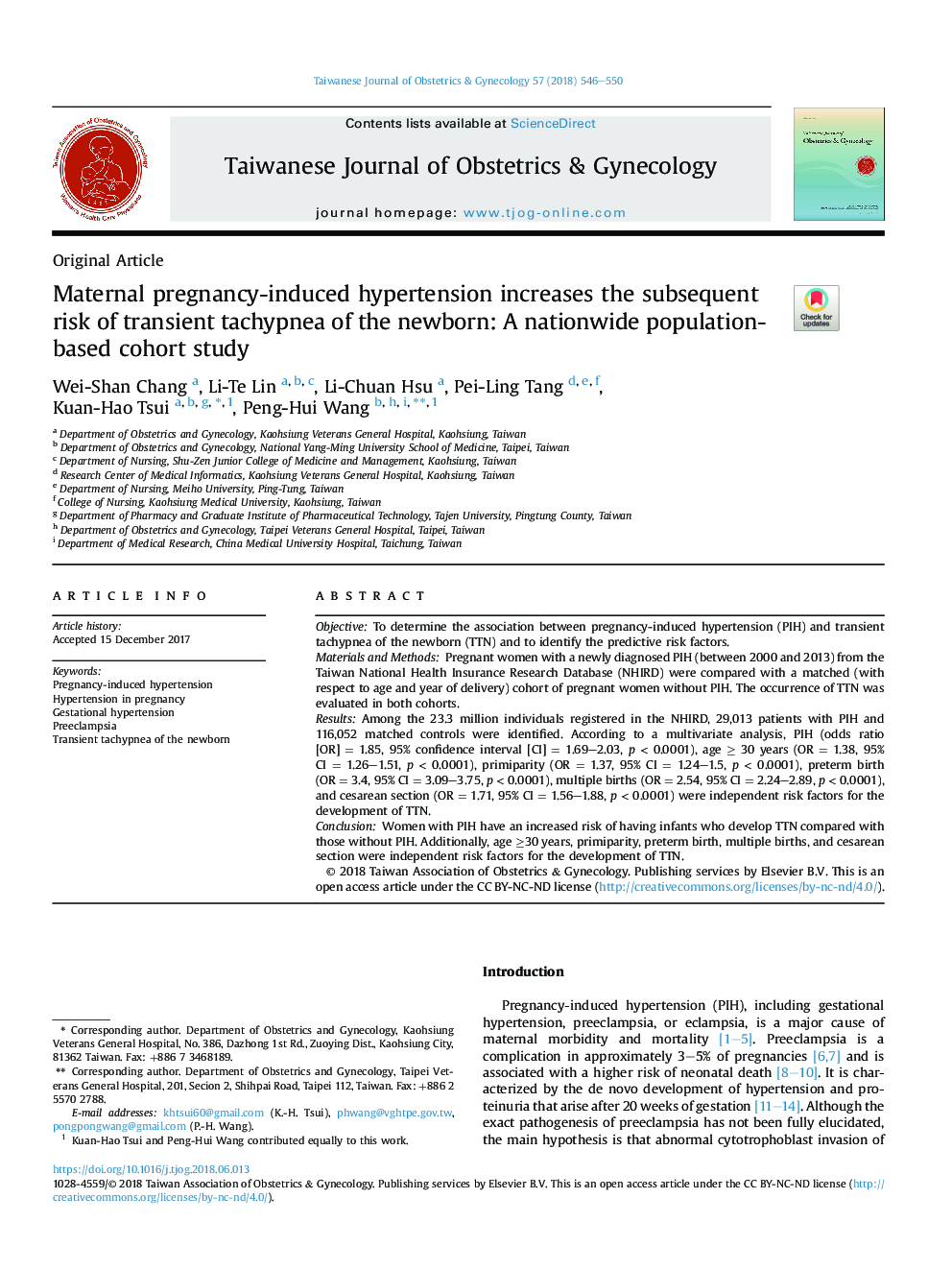 Maternal pregnancy-induced hypertension increases the subsequent risk of transient tachypnea of the newborn: A nationwide population-based cohort study