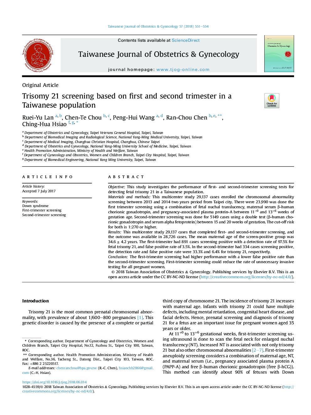 Trisomy 21 screening based on first and second trimester in a Taiwanese population