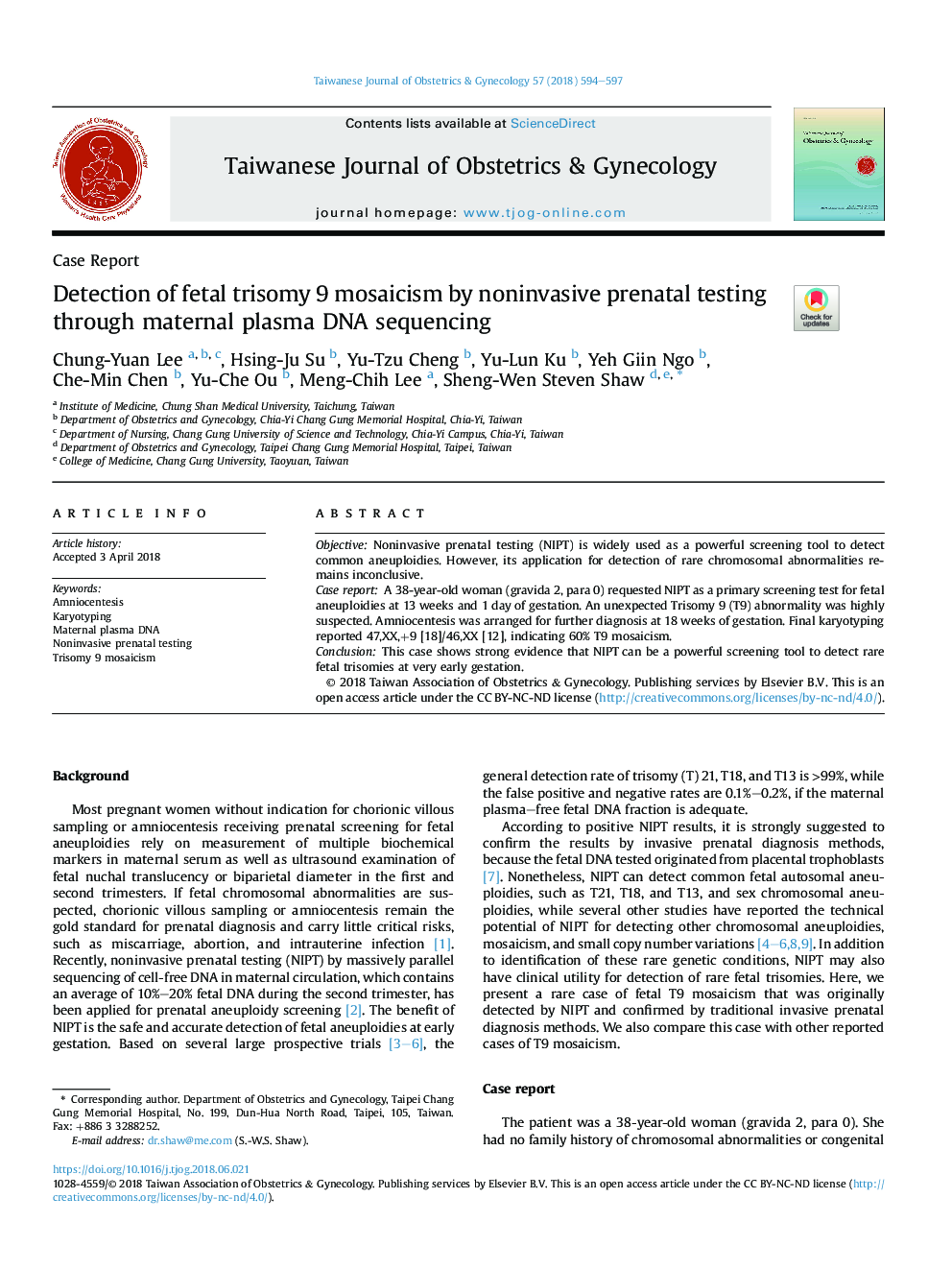 Detection of fetal trisomy 9 mosaicism by noninvasive prenatal testing through maternal plasma DNA sequencing