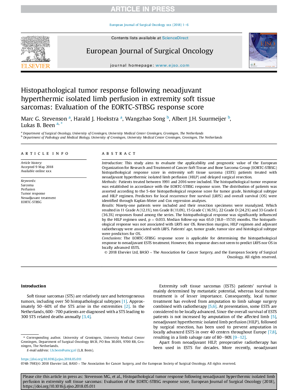 Histopathological tumor response following neoadjuvant hyperthermic isolated limb perfusion in extremity soft tissue sarcomas: Evaluation of the EORTC-STBSG response score