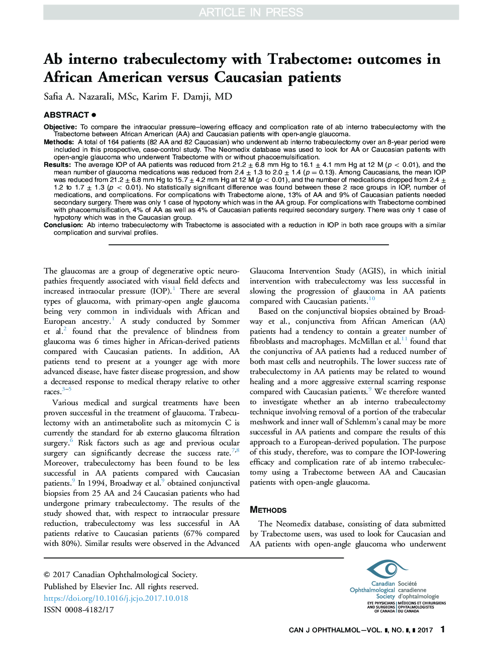 Ab interno trabeculectomy with Trabectome: outcomes in African American versus Caucasian patients