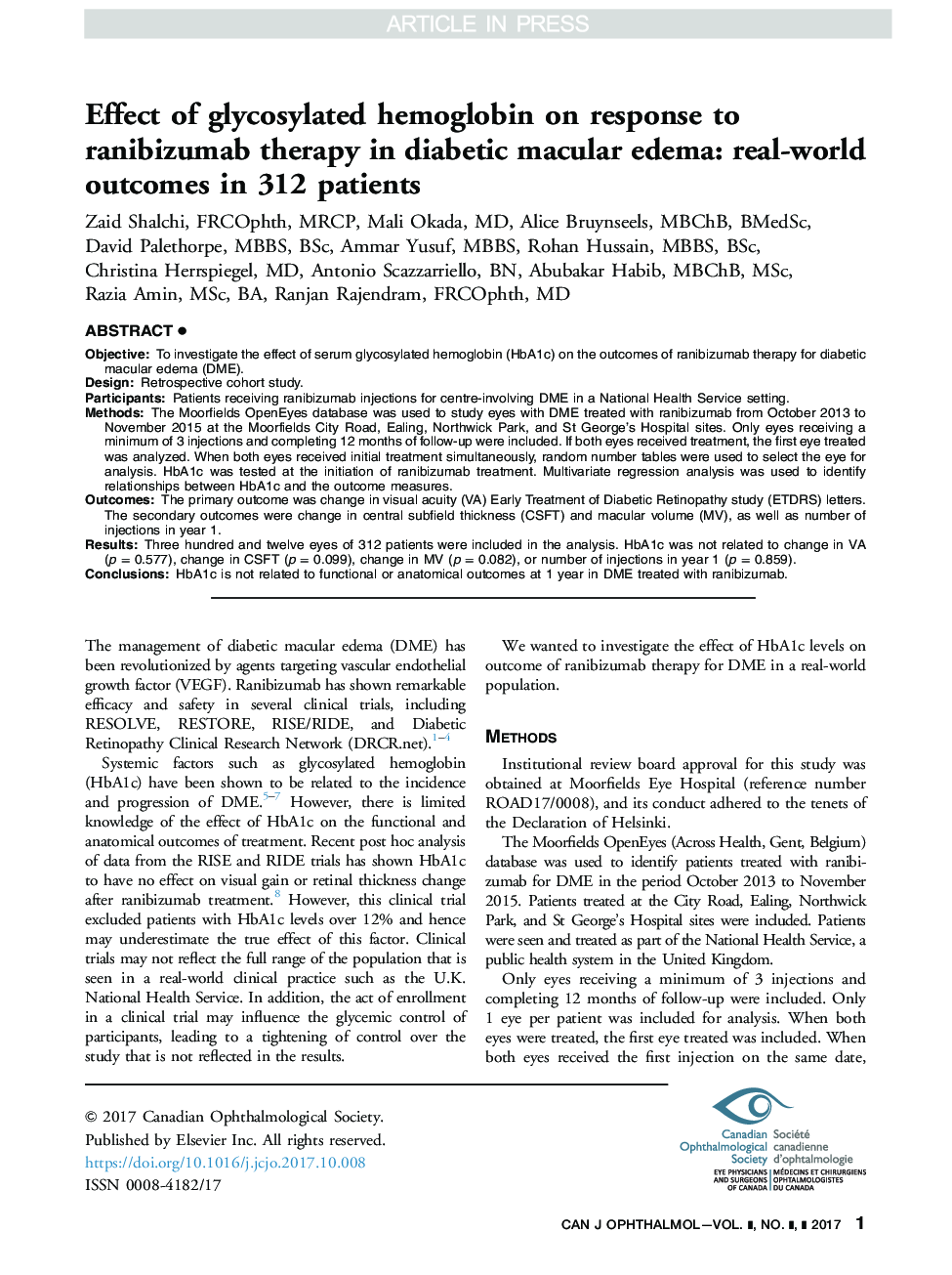 Effect of glycosylated hemoglobin on response to ranibizumab therapy in diabetic macular edema: real-world outcomes in 312 patients