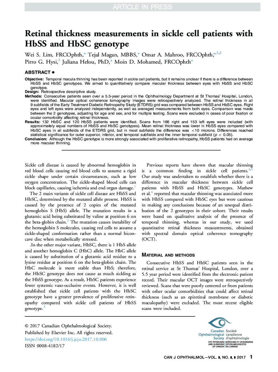 Retinal thickness measurements in sickle cell patients with HbSS and HbSC genotype