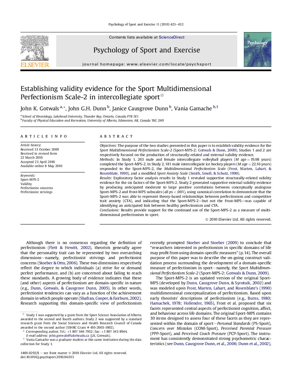 Establishing validity evidence for the Sport Multidimensional Perfectionism Scale-2 in intercollegiate sport 