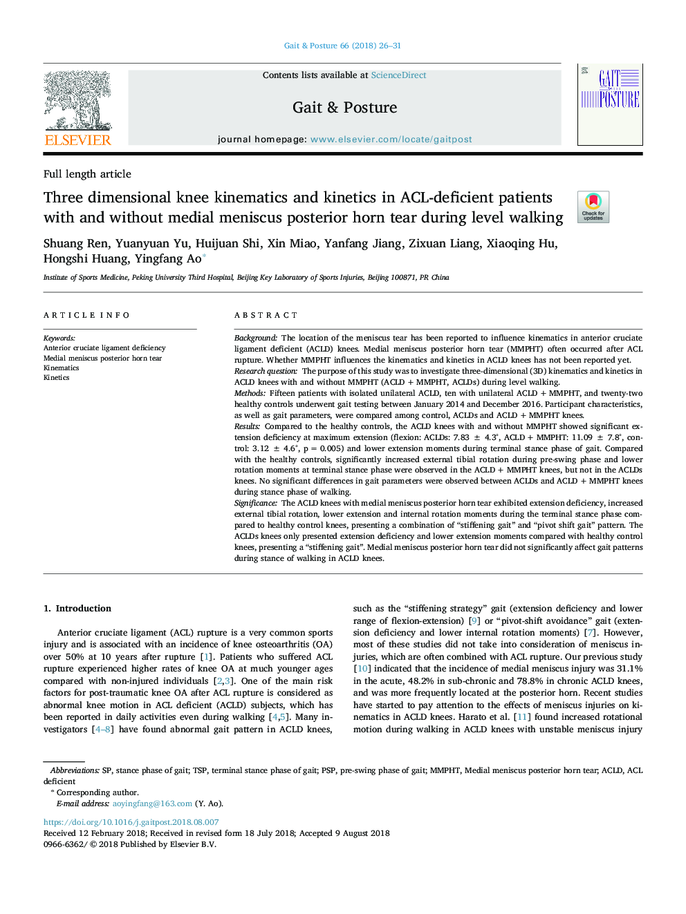 Three dimensional knee kinematics and kinetics in ACL-deficient patients with and without medial meniscus posterior horn tear during level walking