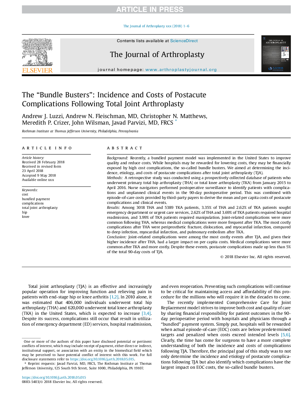 The “Bundle Busters”: Incidence and Costs of Postacute Complications Following Total Joint Arthroplasty