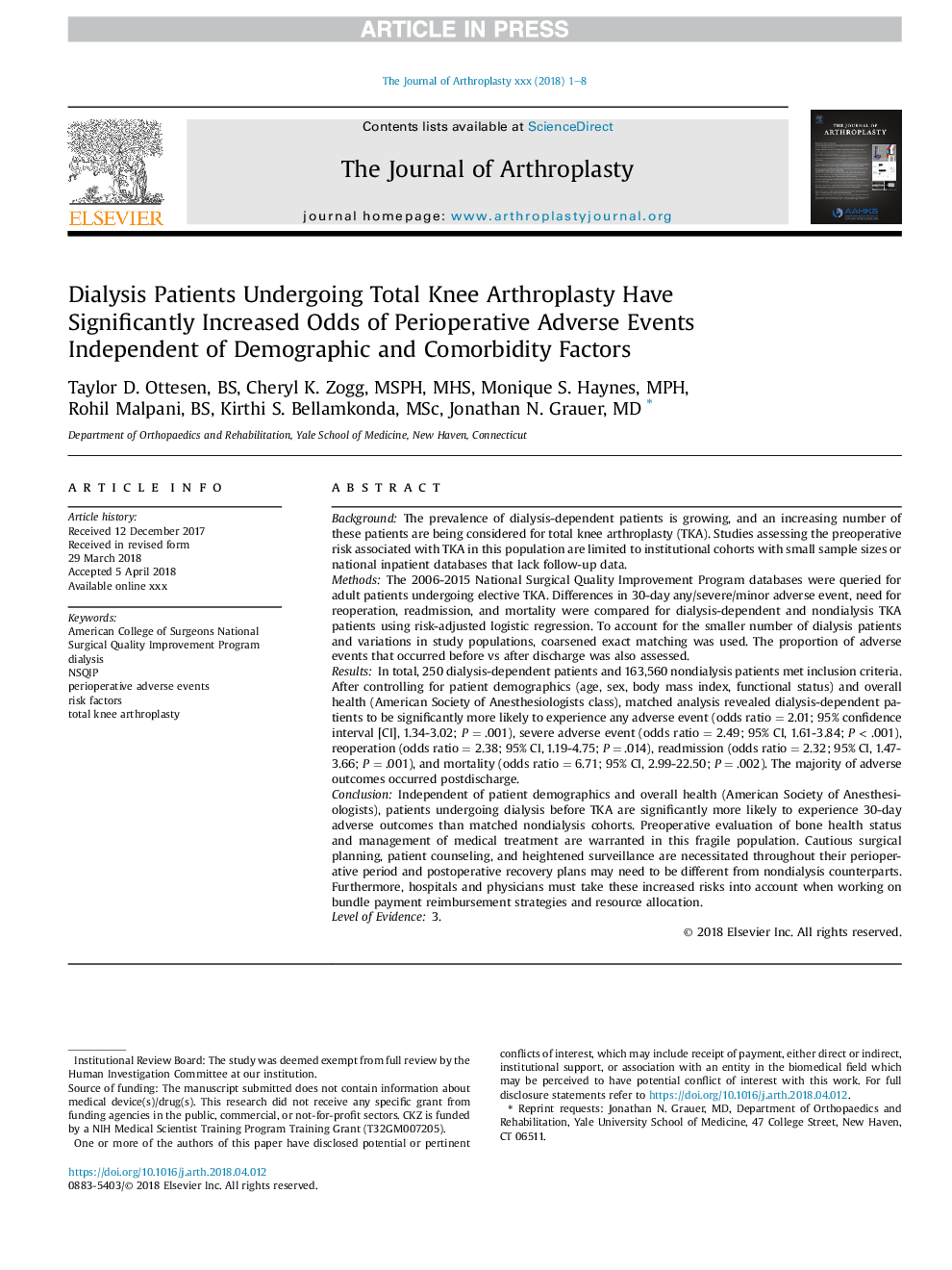 Dialysis Patients Undergoing Total Knee Arthroplasty Have Significantly Increased Odds of Perioperative Adverse Events Independent of Demographic and Comorbidity Factors