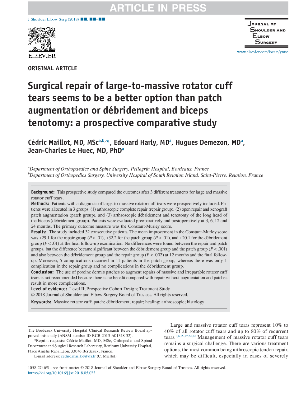 Surgical repair of large-to-massive rotator cuff tears seems to be a better option than patch augmentation or débridement and biceps tenotomy: a prospective comparative study