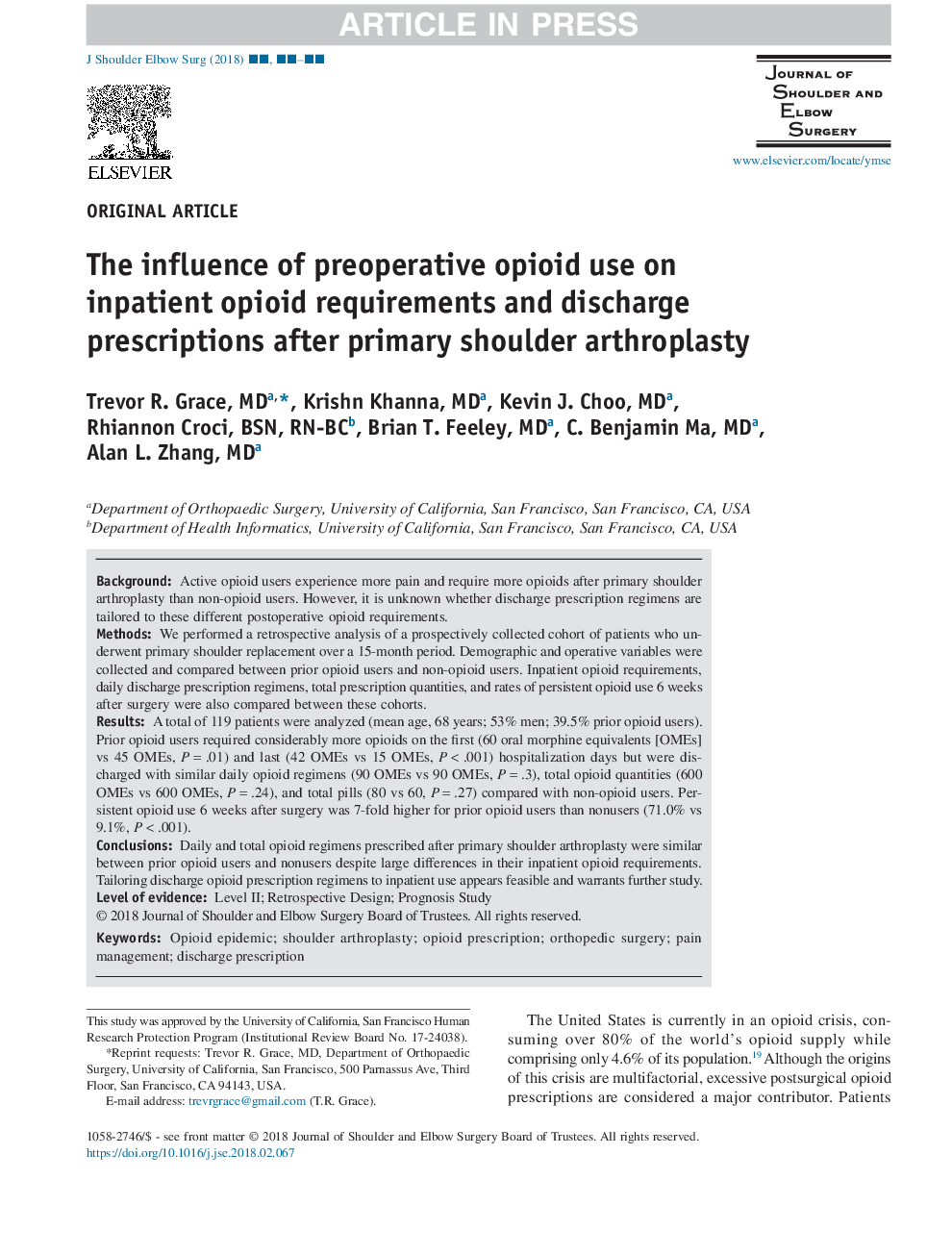 The influence of preoperative opioid use on inpatient opioid requirements and discharge prescriptions after primary shoulder arthroplasty