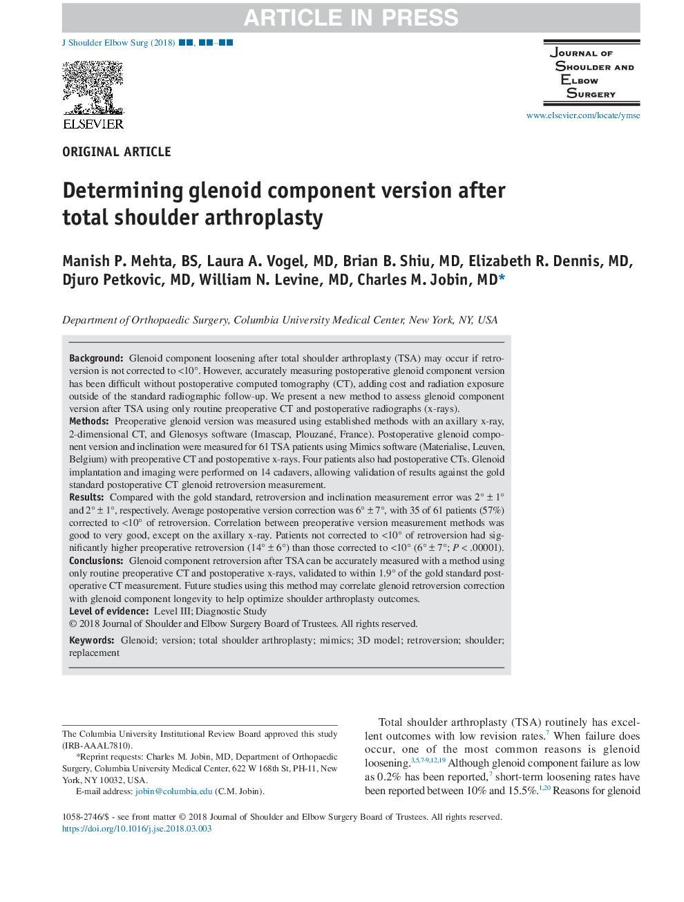 Determining glenoid component version after total shoulder arthroplasty