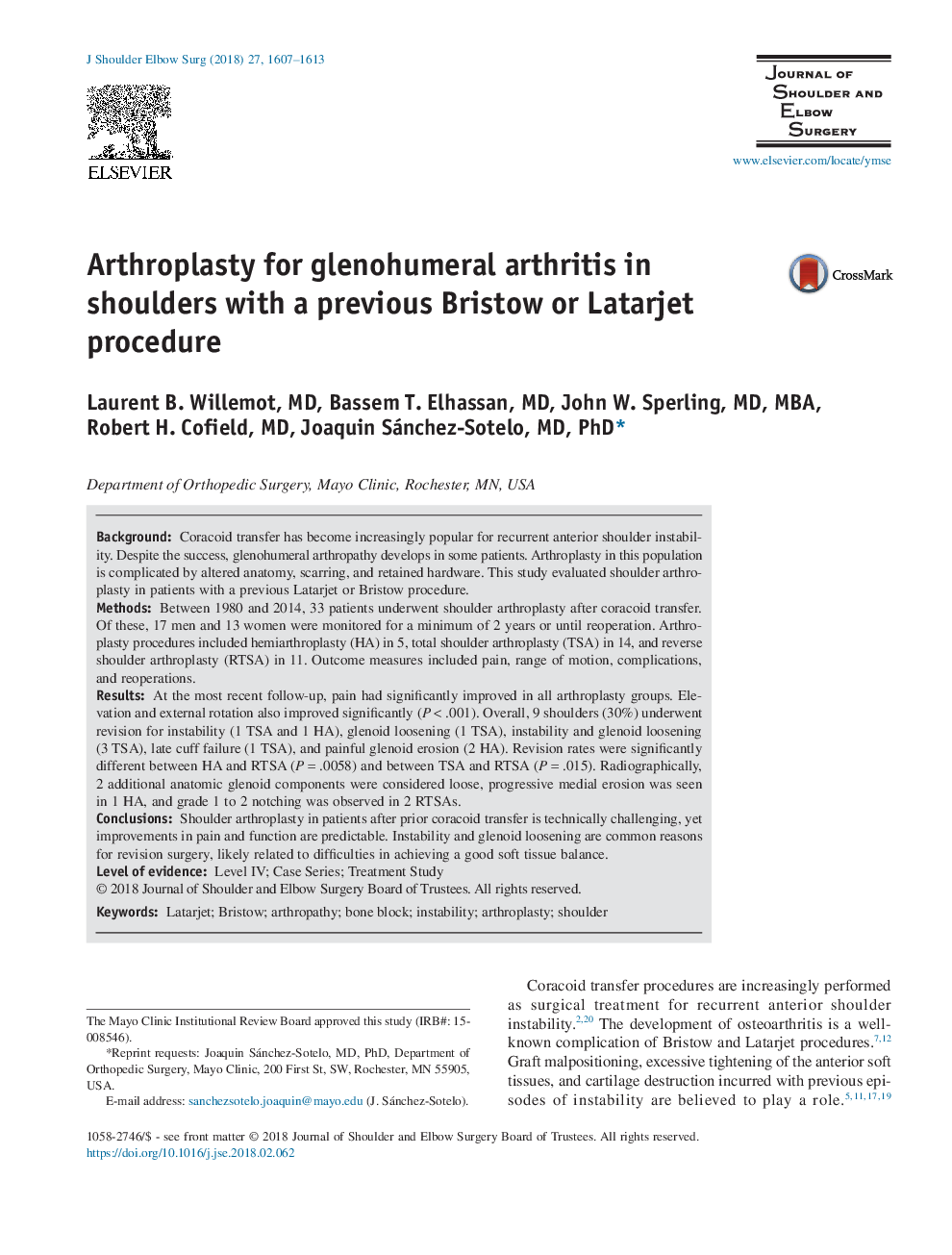 Arthroplasty for glenohumeral arthritis in shoulders with a previous Bristow or Latarjet procedure