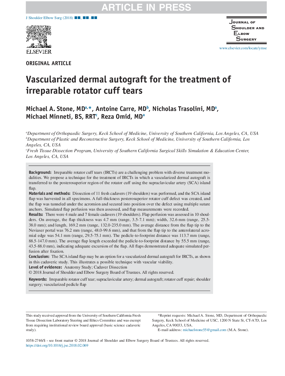 Vascularized dermal autograft for the treatment of irreparable rotator cuff tears