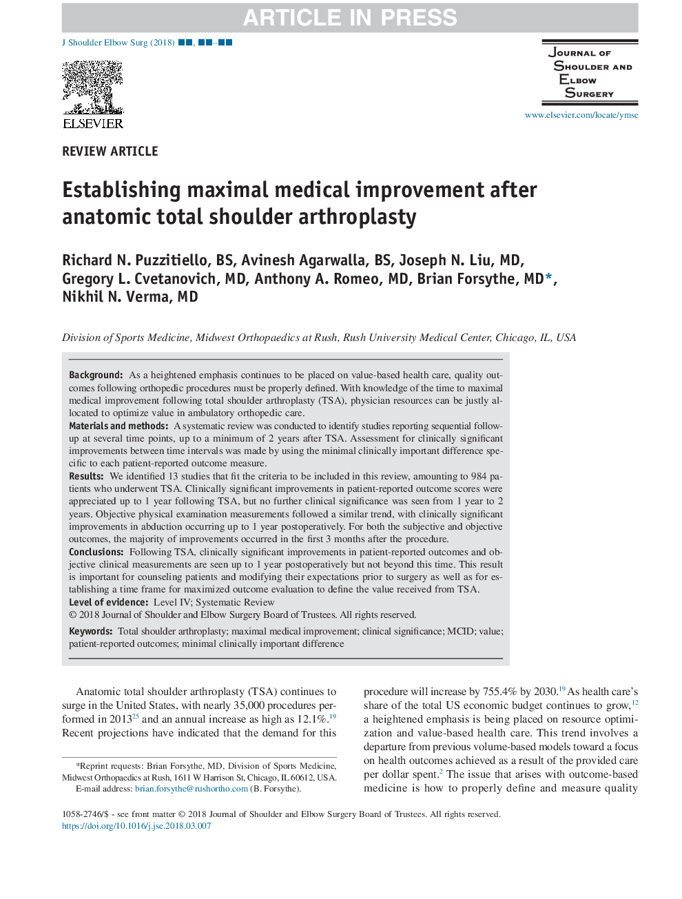 Establishing maximal medical improvement after anatomic total shoulder arthroplasty