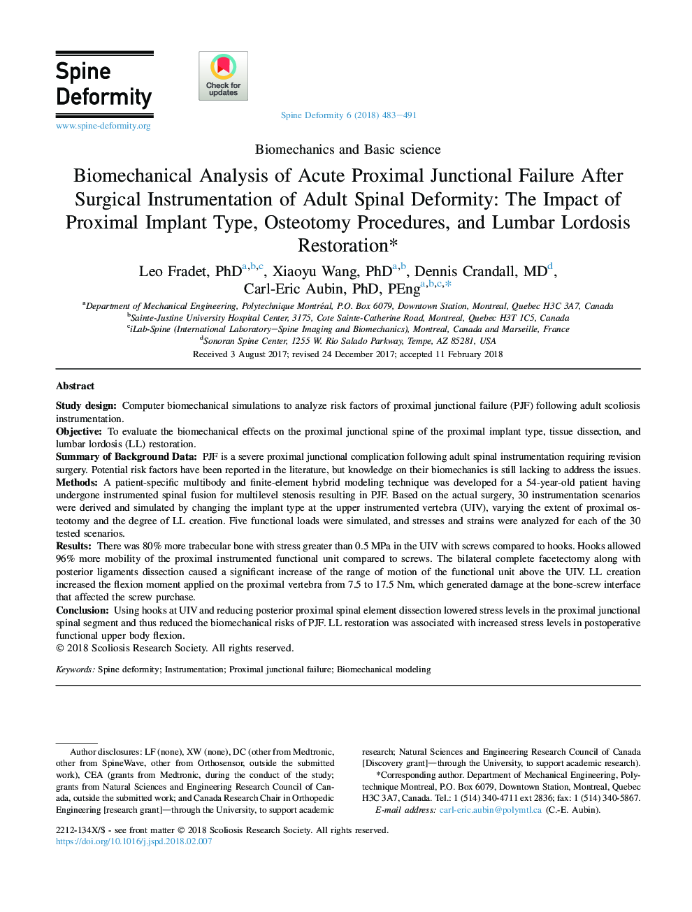 Biomechanical Analysis of Acute Proximal Junctional Failure After Surgical Instrumentation of Adult Spinal Deformity: The Impact of Proximal Implant Type, Osteotomy Procedures, and Lumbar Lordosis Restoration*