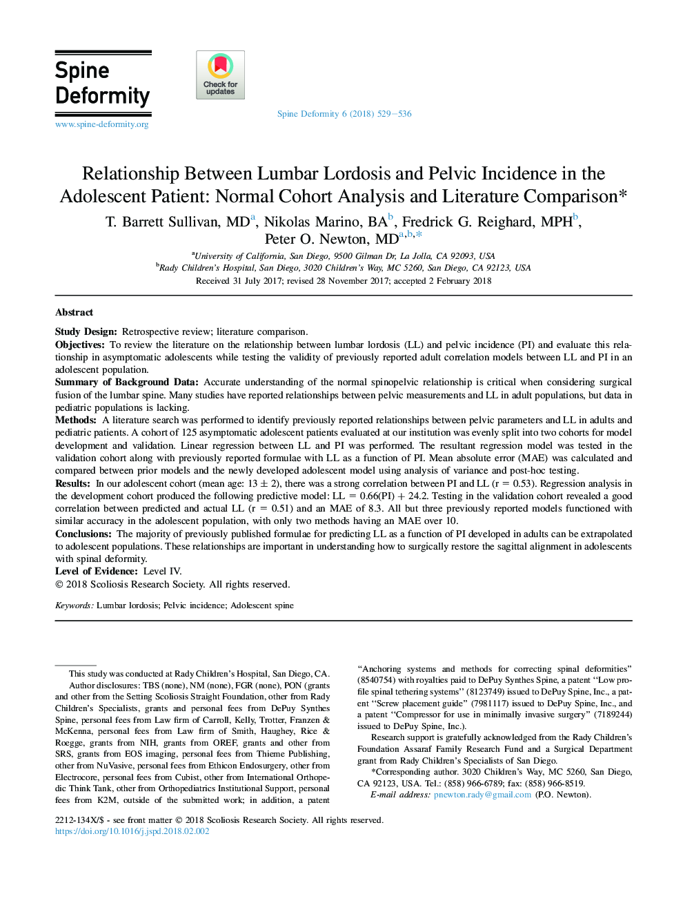 Relationship Between Lumbar Lordosis and Pelvic Incidence in the Adolescent Patient: Normal Cohort Analysis and Literature Comparison*