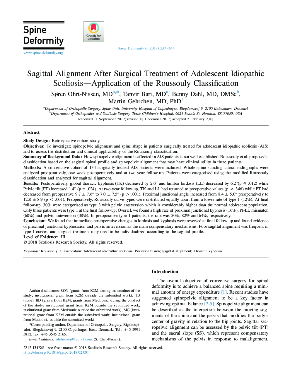 Sagittal Alignment After Surgical Treatment of Adolescent Idiopathic Scoliosis-Application of the Roussouly Classification