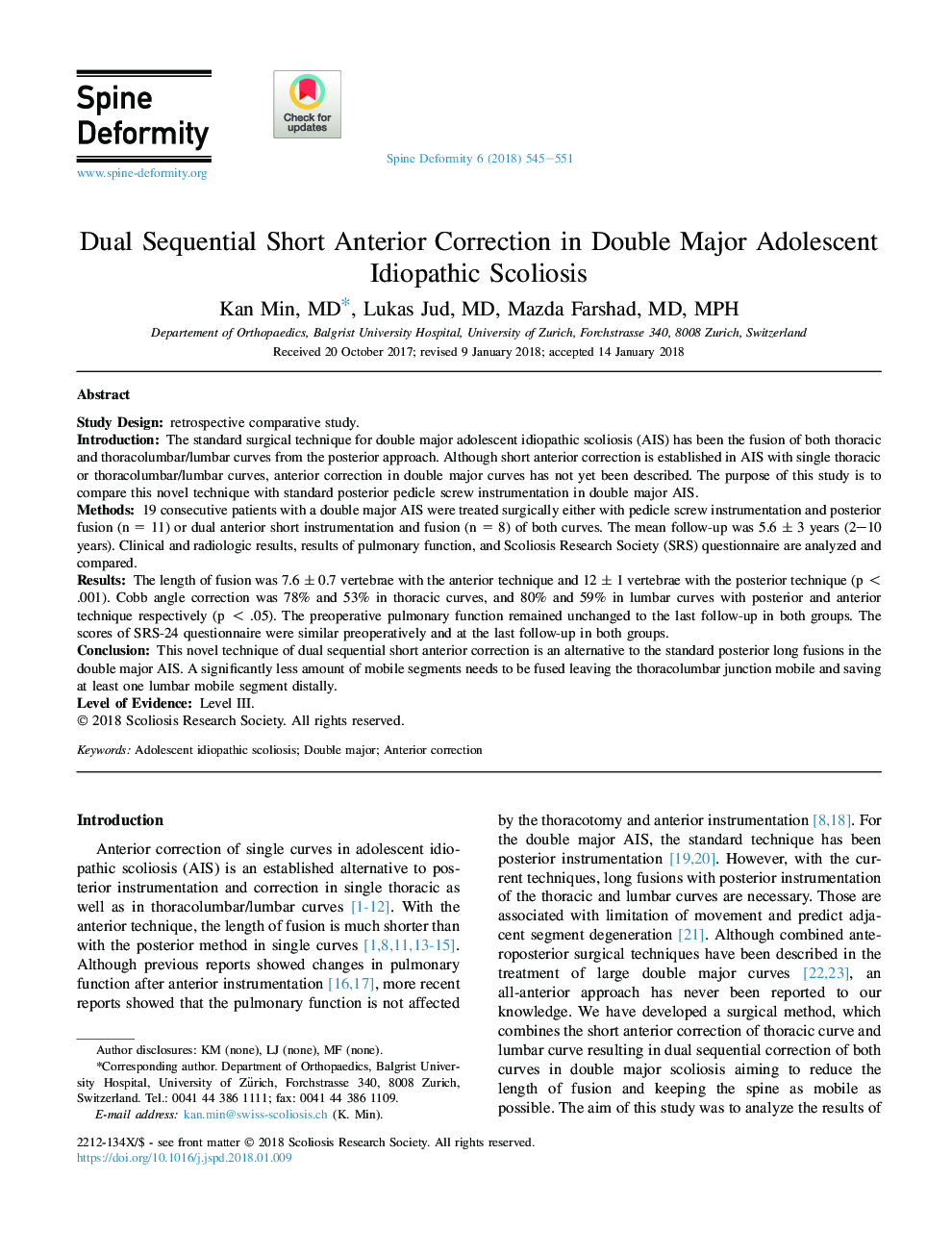 Dual Sequential Short Anterior Correction in Double Major Adolescent Idiopathic Scoliosis