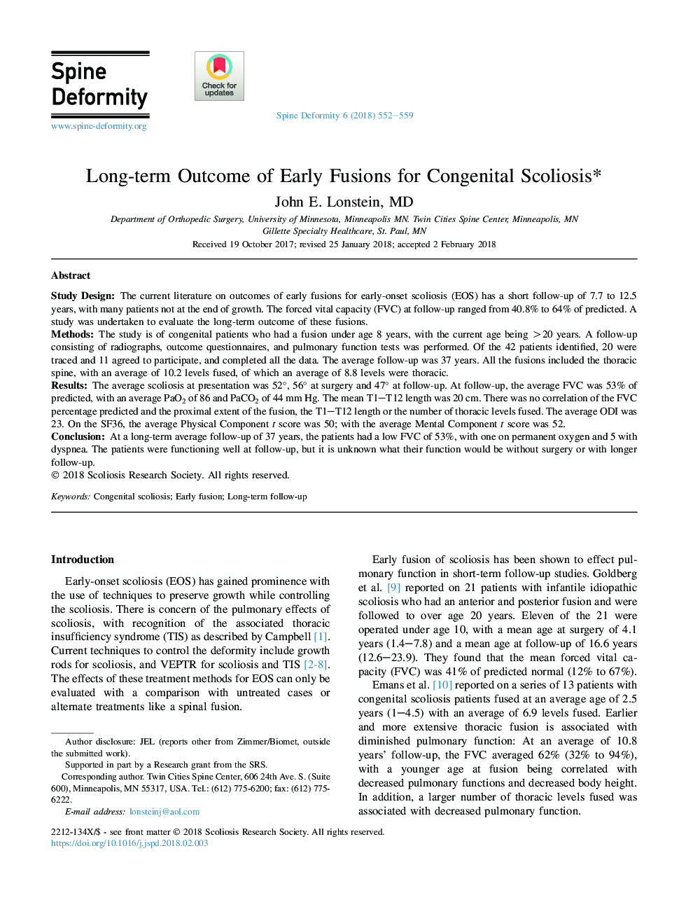 Long-term Outcome of Early Fusions for Congenital Scoliosis*