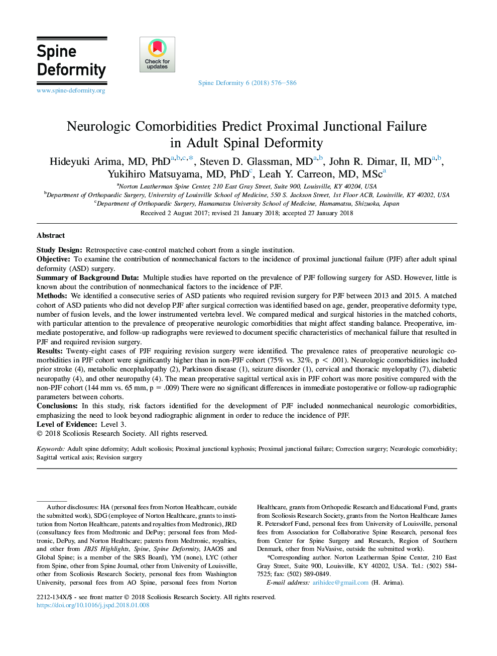 Neurologic Comorbidities Predict Proximal Junctional Failure in Adult Spinal Deformity