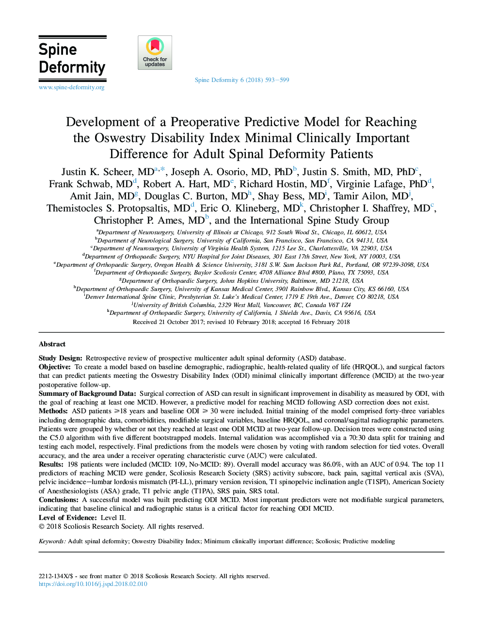 Development of a Preoperative Predictive Model for Reaching theÂ Oswestry Disability Index Minimal Clinically Important DifferenceÂ for Adult Spinal Deformity Patients