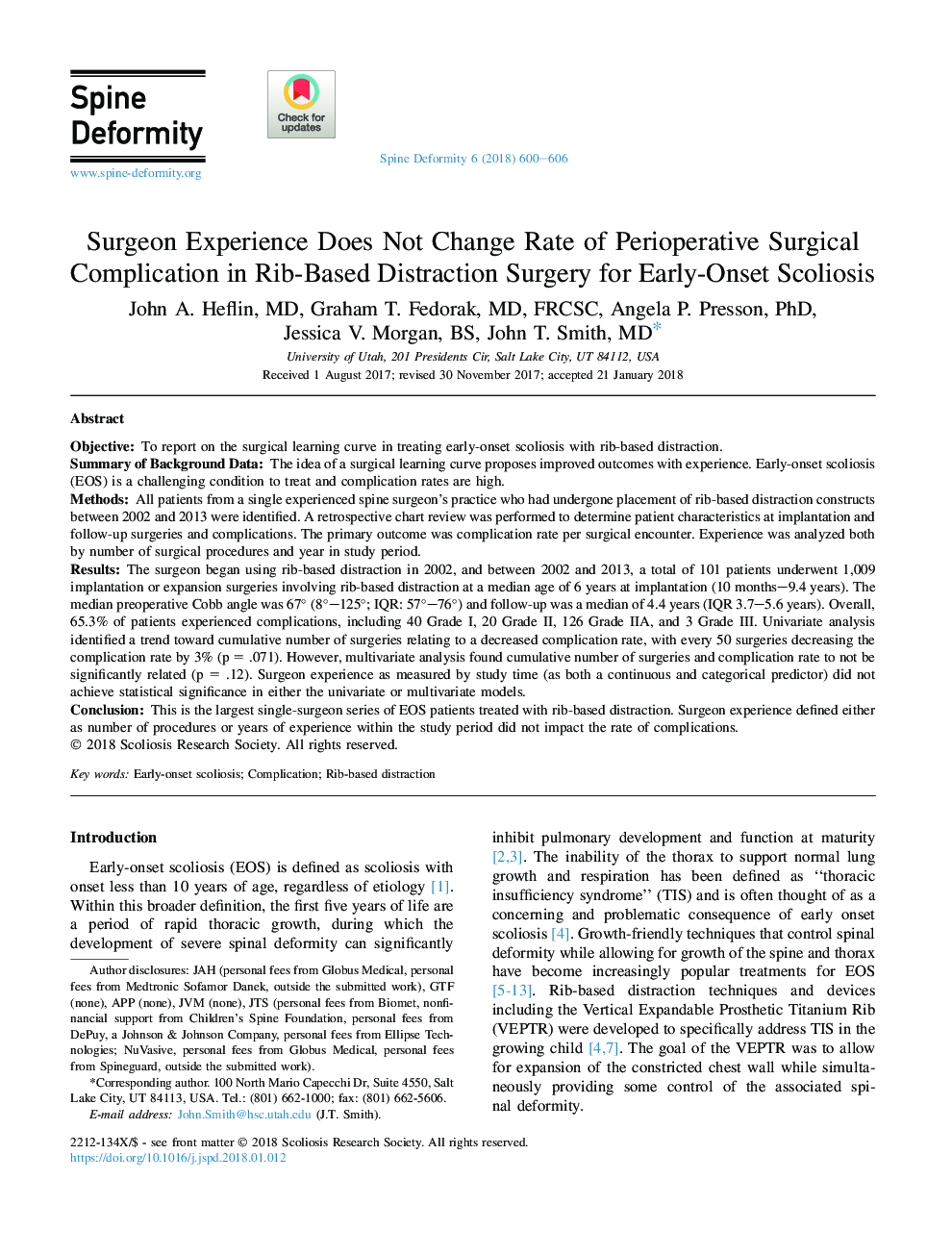 Surgeon Experience Does Not Change Rate of Perioperative Surgical Complication in Rib-Based Distraction Surgery for Early-Onset Scoliosis