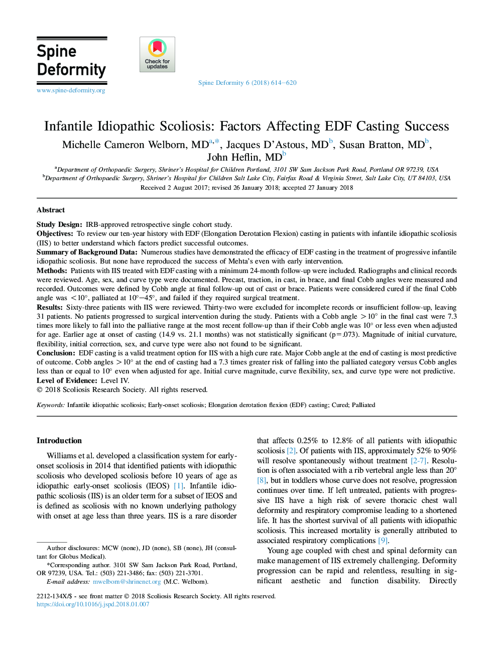 Infantile Idiopathic Scoliosis: Factors Affecting EDF Casting Success