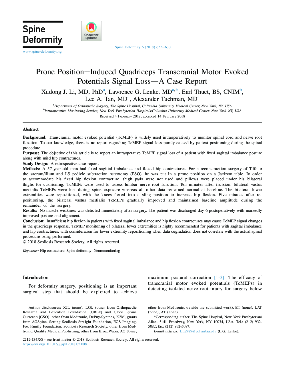 Prone Position-Induced Quadriceps Transcranial Motor Evoked Potentials Signal Loss-A Case Report