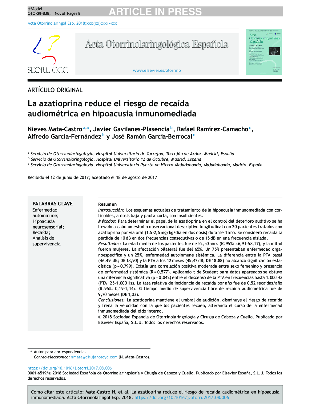 La azatioprina reduce el riesgo de recaÃ­da audiométrica en hipoacusia inmunomediada