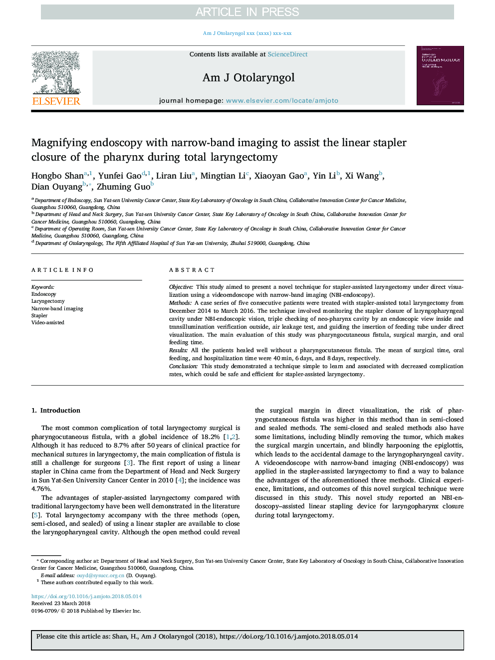 Magnifying endoscopy with narrow-band imaging to assist the linear stapler closure of the pharynx during total laryngectomy