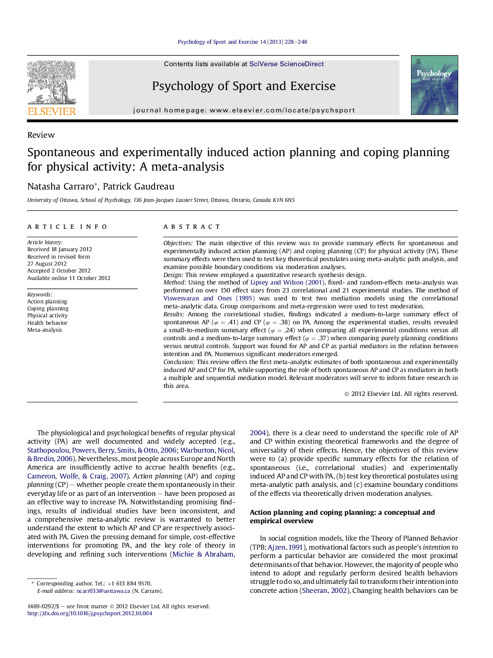 Spontaneous and experimentally induced action planning and coping planning for physical activity: A meta-analysis