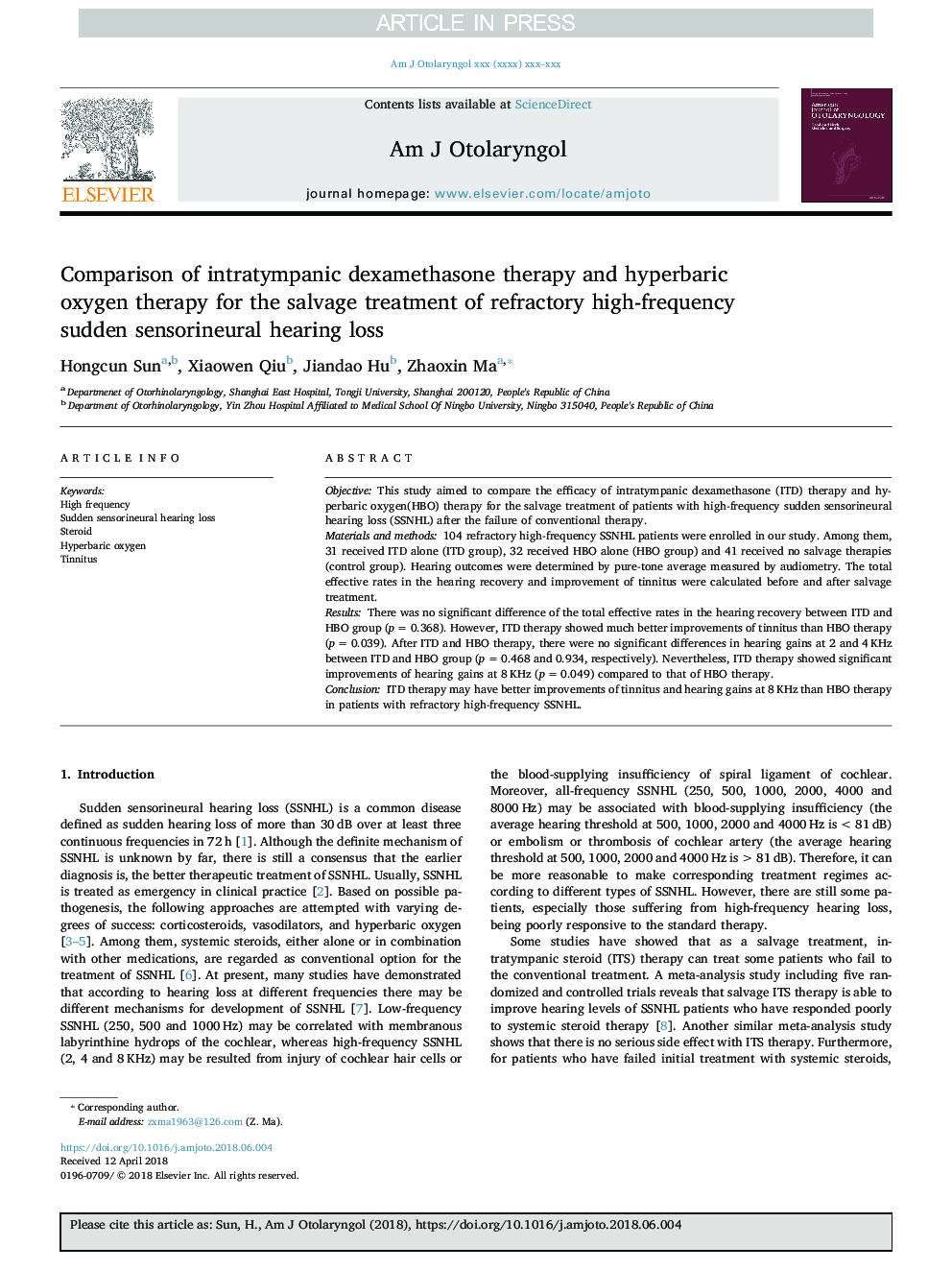 Comparison of intratympanic dexamethasone therapy and hyperbaric oxygen therapy for the salvage treatment of refractory high-frequency sudden sensorineural hearing loss