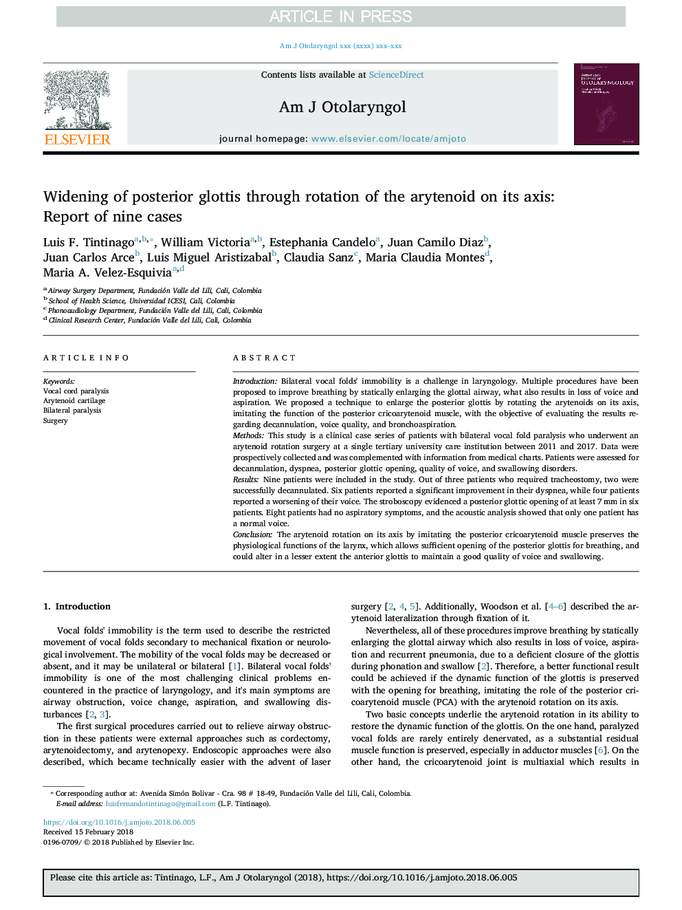 Widening of posterior glottis through rotation of the arytenoid on its axis: Report of nine cases