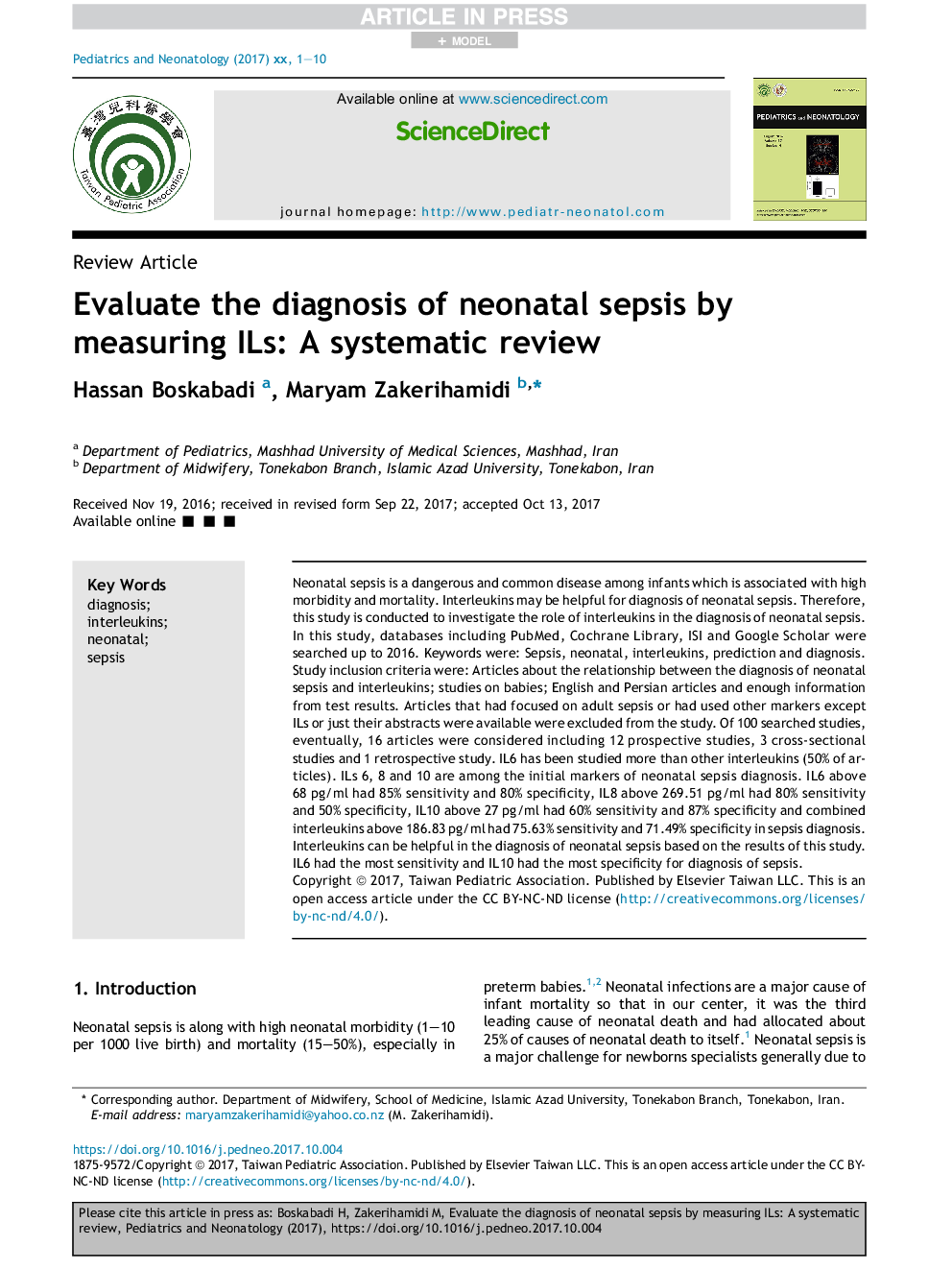 Evaluate the diagnosis of neonatal sepsis by measuring interleukins: A systematic review