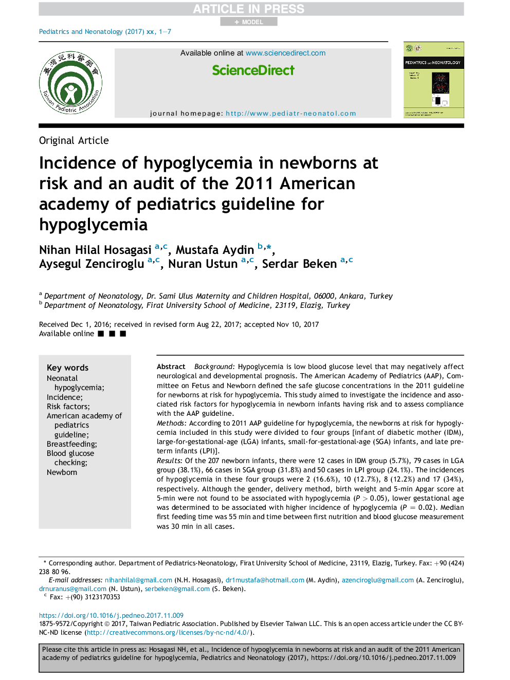 Incidence of hypoglycemia in newborns at risk and an audit of the 2011 American academy of pediatrics guideline for hypoglycemia