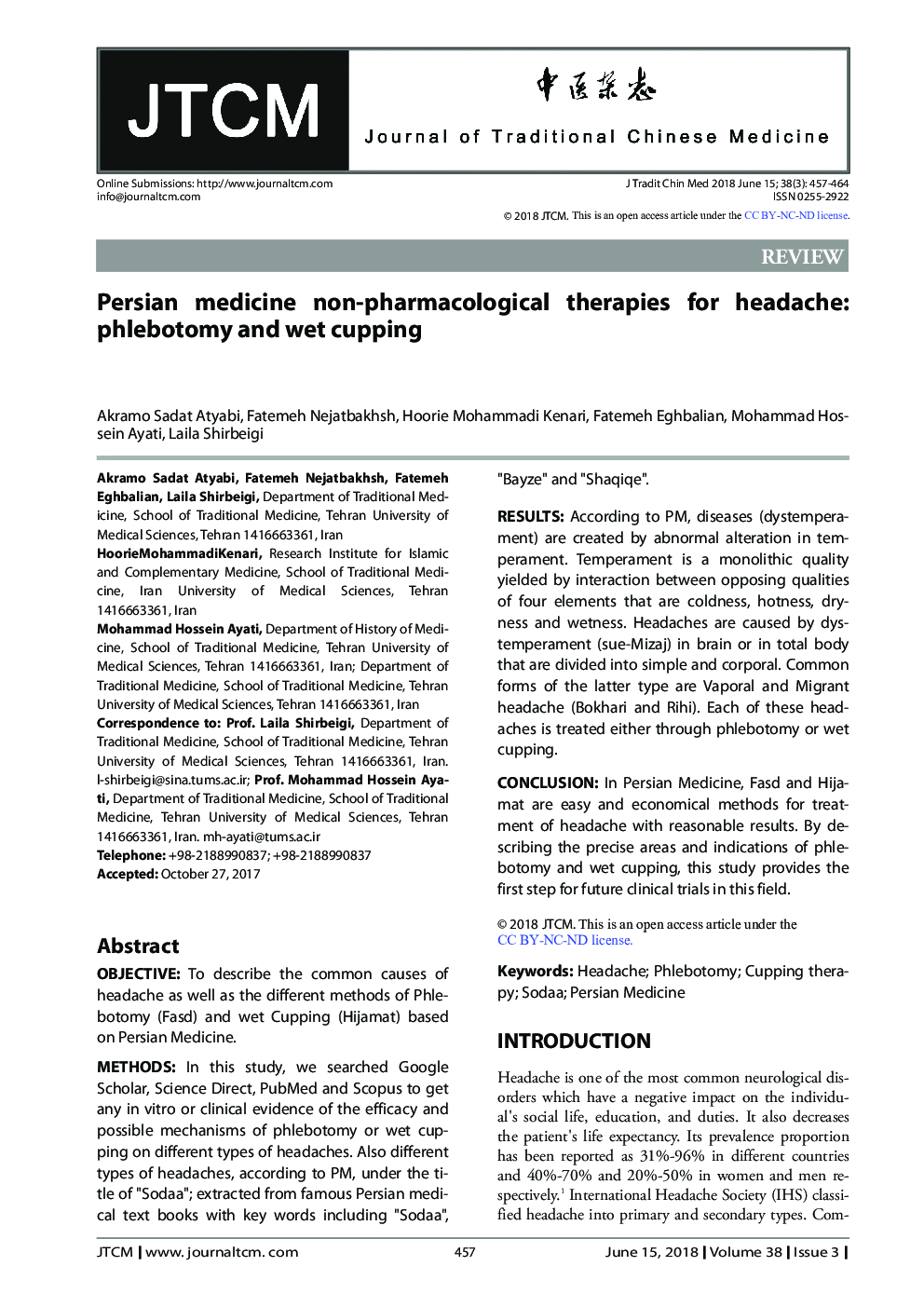 Persian medicine non-pharmacological therapies for headache: phlebotomy and wet cupping