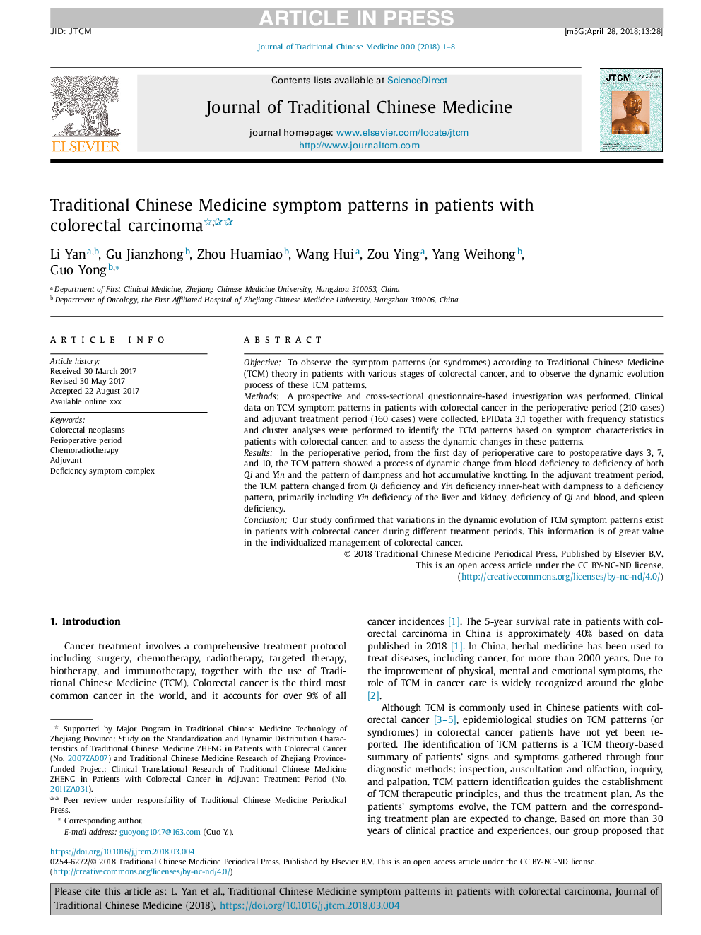 Traditional Chinese Medicine symptom patterns in patients with colorectal carcinoma