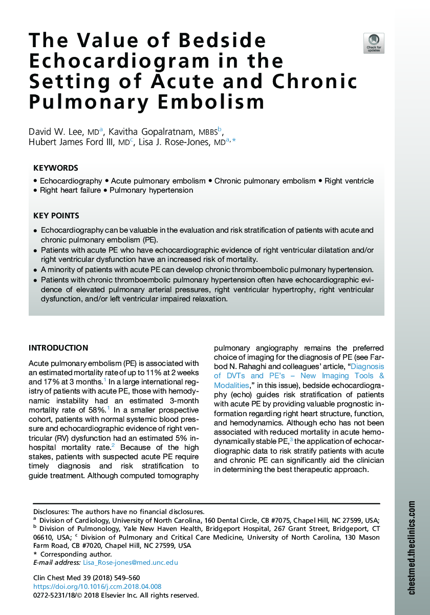 The Value of Bedside Echocardiogram in the Setting of Acute and Chronic Pulmonary Embolism