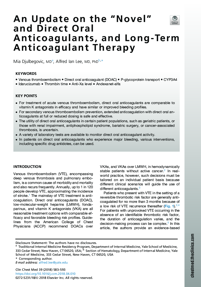 An Update on the “Novel” and Direct Oral Anticoagulants, and Long-Term Anticoagulant Therapy