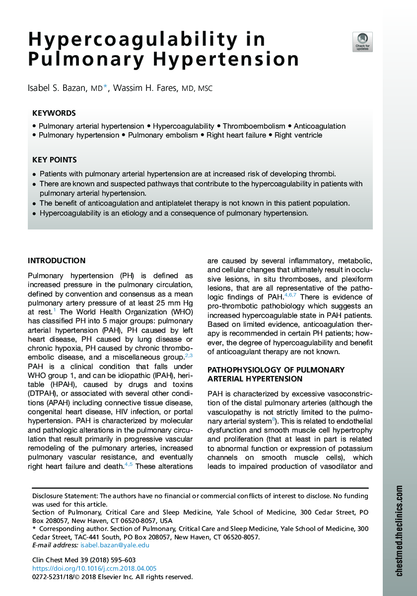 Hypercoagulability in Pulmonary Hypertension